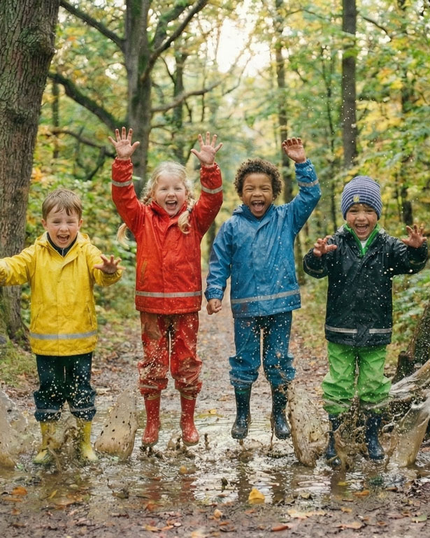Kinder spielen glücklich im Wald